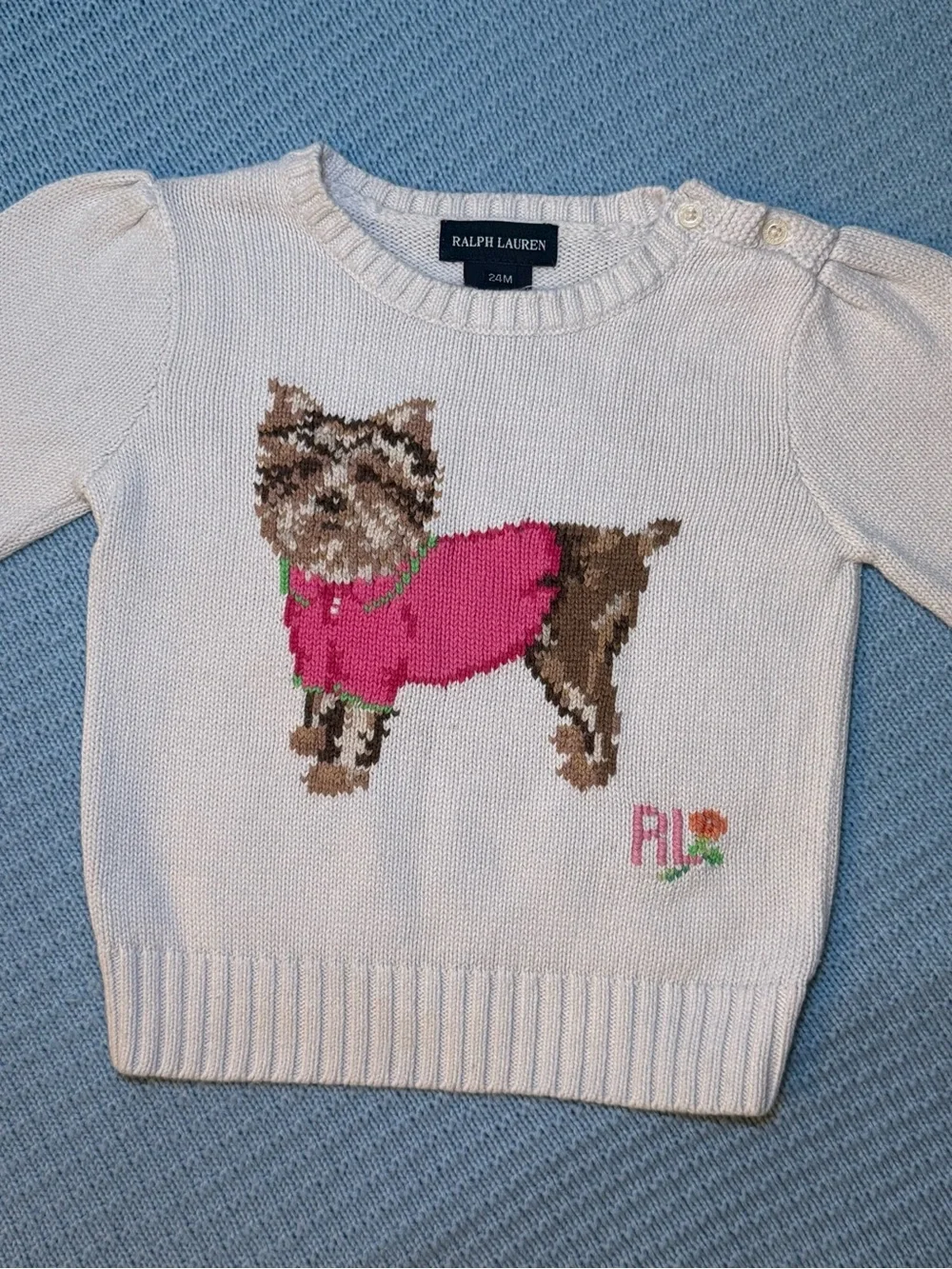 Ralph Lauren Yorkie Sweater 24M White Intarsia Knit Dog Puffed Shoulder Toddler